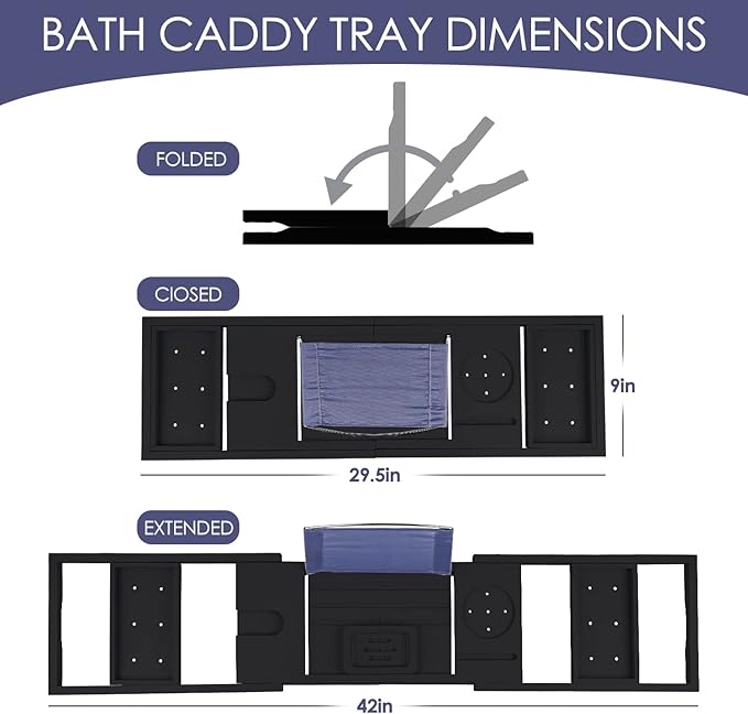 Foldable Bathtub Tray Caddy with Soap Dish Adjustable 29.5-43''Black | Bamboo Bath Table Trays with Non-slip Pads, Wine Glass Holder, Adjustable Tablet Book Stand, Spa Bath Essentials Organizer