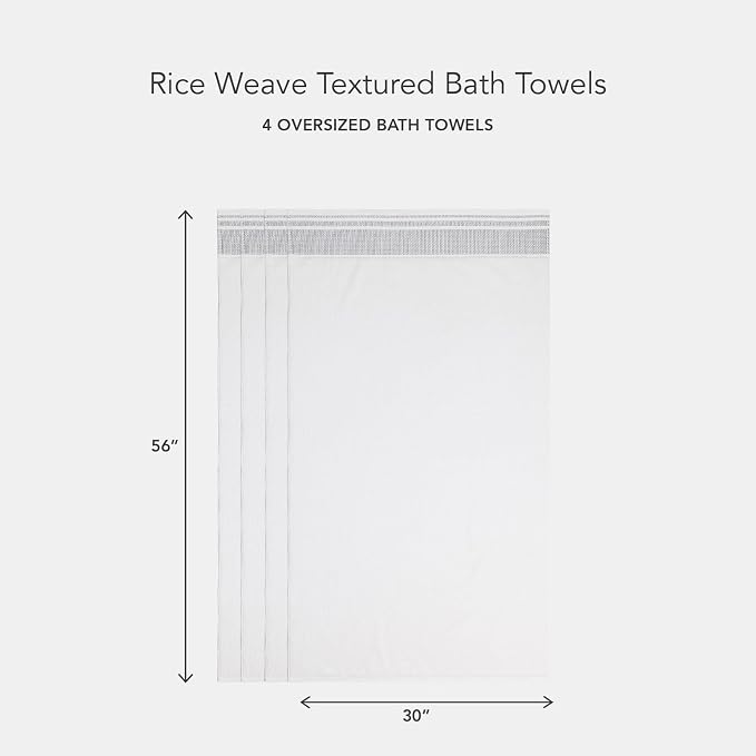 Texere 100% Organic Cotton Rice Weave Jacquard 700 GSM Luxury Bath Towel Sets - 4 Large Bath Towels (Rice Weave, BRT Wht w/Blk, 4 Bath Towels)