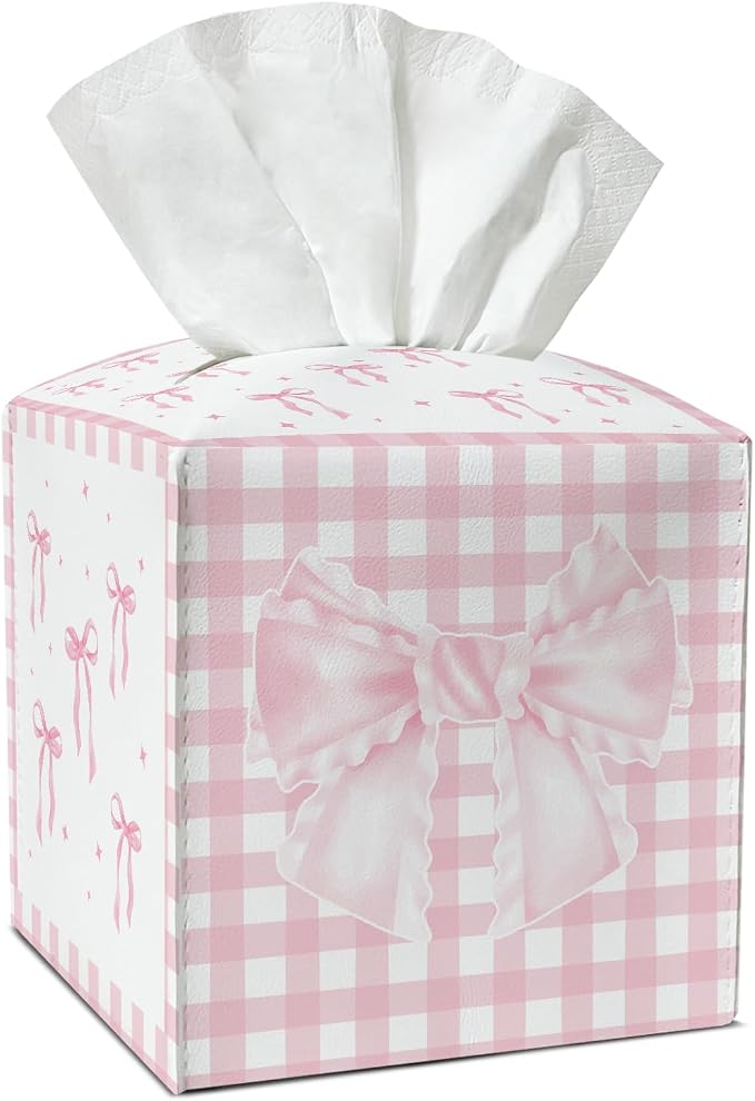 Bow Tissue Box Covers Square, Pink and White Checkered Leather Tissue Box Holders Decorative for Car Nightstand Home Office Bathroom Organizer, Square Facial Paper Organizer Home Decor -019