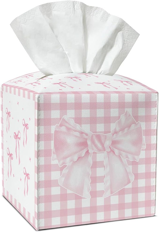 Bow Tissue Box Covers Square, Pink and White Checkered Leather Tissue Box Holders Decorative for Car Nightstand Home Office Bathroom Organizer, Square Facial Paper Organizer Home Decor -019