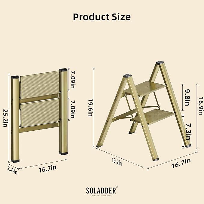 2 Step Ladder, Folding Step Stool, Brown Gold | Wide Anti-Slip Steps and a Foldable, Space-Saving Design for Adults to Use in Kitchens, Closets, Library,300 lbs