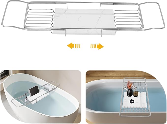 Expandable Bathtub Tray – 26.77" to 35.43" Adjustable Bathtub Caddy | with Natural Marble Board, Raised Guardrails, Tablet/Phone Stand – Home Spa Accessory for Bath, Holds 44 lbs (Silver+White)