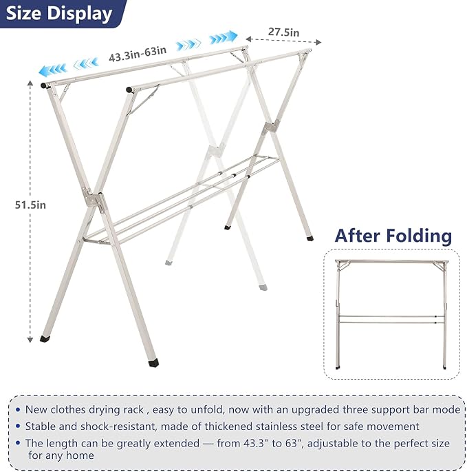 63 inches Foldable Clothes Drying Rack, Stainless Steel Indoor Outdoor Use | Heavy Duty Laundry Drying Rack, Adjustable Length Clothes Rack with 3 Reinforcement Bars and 20 Windproof Hooks