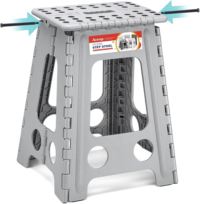 17.5 Inch Heavy Duty Folding Step Stool for Adults, 400 lbs, Grey | Collapsible Stepping Stool for Adults with Handle and Non-Slip Surface, for Kitchen, Garage, Bedroom and Outdoor Tasks