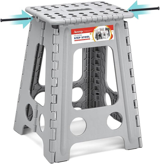 17.5 Inch Heavy Duty Folding Step Stool for Adults, 400 lbs, Grey | Collapsible Stepping Stool for Adults with Handle and Non-Slip Surface, for Kitchen, Garage, Bedroom and Outdoor Tasks