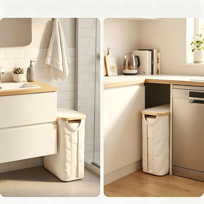 Oxford Fabric Toilet Paper Storage Basket with Lid, Free‑Standing Organizer Basket for Toilet Paper for RV Bathroom (Beige)