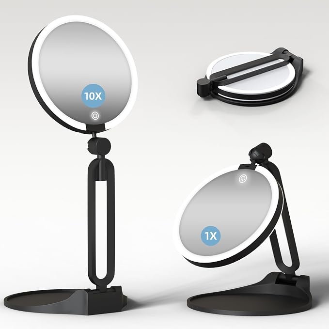 Magnifying Mirror with Light 10X/1X, Double Sided, Foldable, Rechargeable | Travel Makeup Mirror with Lights and Magnification, 3 Colors Dimming Lighting, Large Size of 6inch, 360°Angle Adjustable