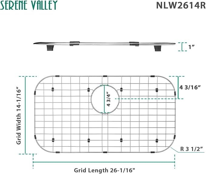 Serene Valley Sink Protector Grid 26-1/16" x 14-1/16", Rear Drain with Corner Radius 3-1/2", 304 Stainless Steel Material NLW2614R