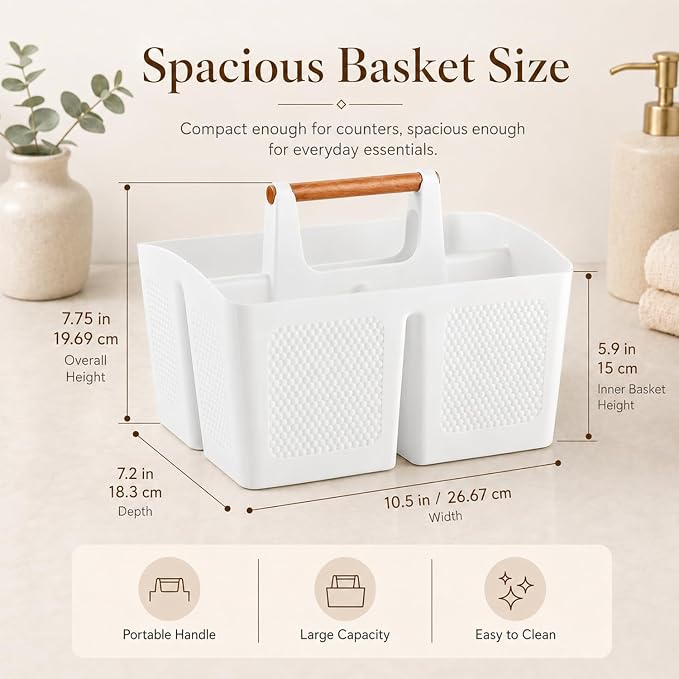 Plastic White Shower Caddy Basket with 3 Compartments, Portable Divided Bathroom Cleaning Caddy Organizer Storage Tote with Handle for Dorm, College, Room Essentials