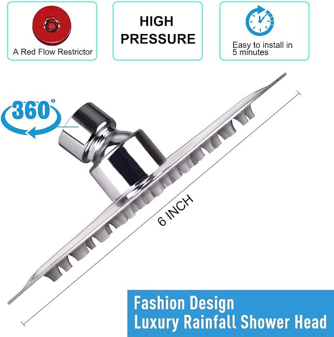 NearMoon Rain Shower Head, Ultra-Thin Design-Pressure Boosting, Awesome Some Experience, High Flow Stainless Steel Rainfall Head (6 Inch,Chrome Finish)