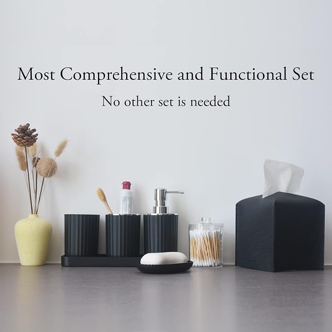 Bathroom Accessory Set, 10 Piece Black Bathroom Set Complete | Includes Trash Can, Soap Dispenser, Toothbrush Holder, Soap Holder, Tumbler, Toilet Brush, Tray, Qtip Holders, Tissue Cover