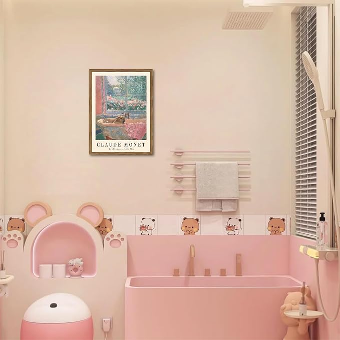 Cute Golden Retriever Bathroom Wall Art Vintage Claude Monet Dog in Bathtub Wall Decor Painting Funny Animal Bathroom Canvas Prints Picture 12x16 inch Wood Framed