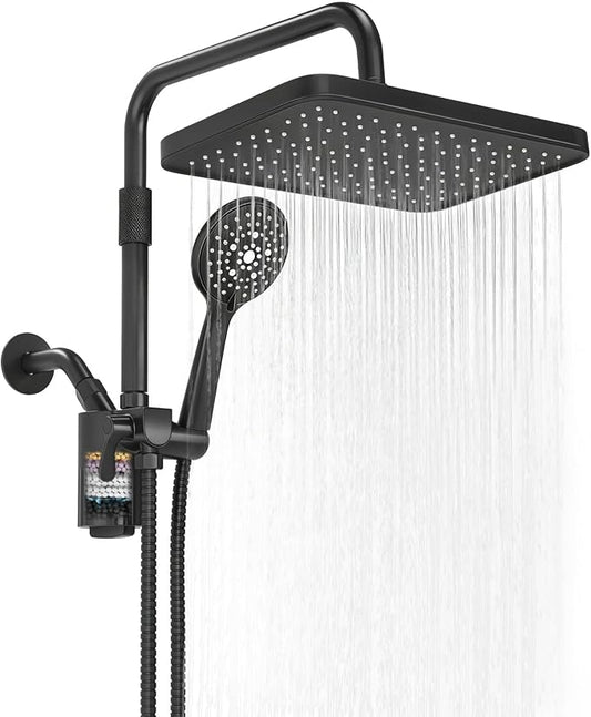 12 Inch Shower Head with Filters Rain Shower Head with Handheld Spray Combo | Filtered Shower Heads with Handheld,High Pressure Rainfall Dual Showerhead,Adjust Height and Angle of Extension Arm,Black