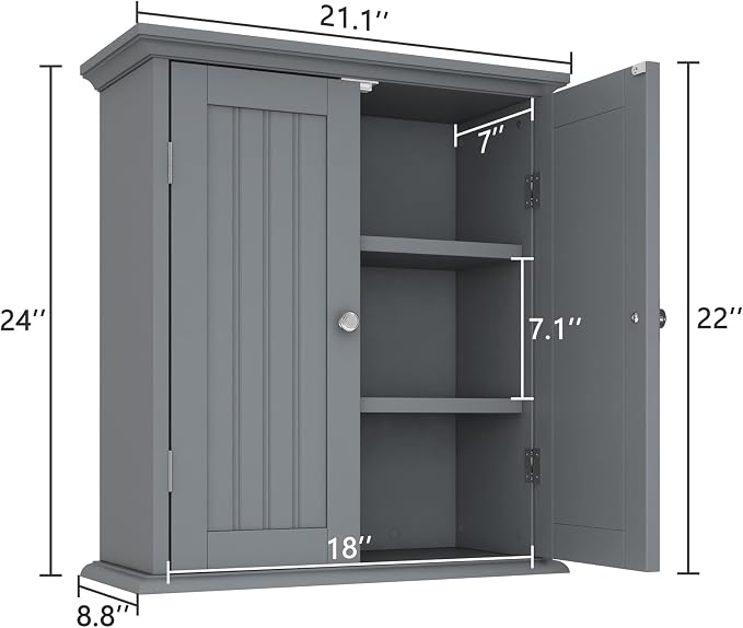 ChooChoo Bathroom Wall Cabinet with 2 Doors, Over The Toilet | 8.8"D x 21.1"W x 24"H, Medicine Cabinet, Adjustable Shelves, Cupboard, Grey