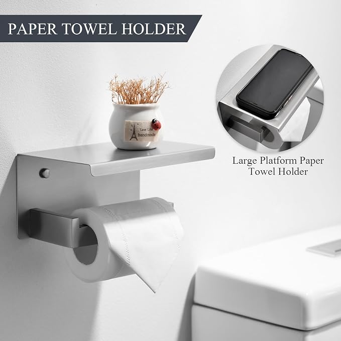 TURS Bathroom Hardware Set 4-Piece Brushed Bath Towel Bar Set Include 24 Inch Towel Bar Hand Towel Holder Towel Hook Toilet Paper Holder with Shelf Stainless Steel Bathroom Accessories Set