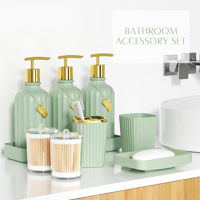 21PCS Bathroom Sets with Shower Curtain and Rugs Bathroom Accessories Set Dark Green Bathroom Set Complete with Trash Can, Toilet Brush, Qtip Holder & 3PCS Soap Dispenser