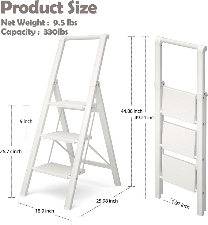 HillhutApex Aluminum 3 Step Ladder, Step Stool Foldable Ladder(White) | Anti-Slip Pedals,330lbs Capacity,Lightweight Folding Ladders for Home,Office,Libaray