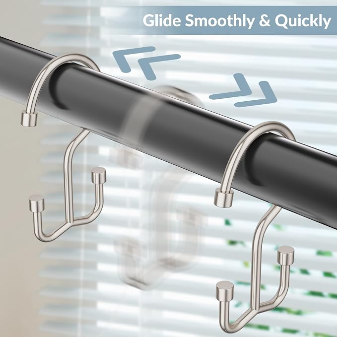 24 Pcs Shower Curtain Hooks, OEH Shower Curtain Rings, Durable Shower Curtain Hooks Rust Proof, Shower Rings for Curtain, Free Sliding Anti-Drop Double Shower Hooks for Shower Curtain Rod, Nickel
