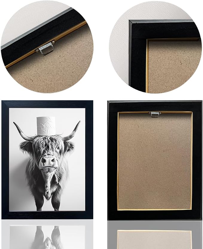 Framed Black and White Bathroom Wall Decor Highland Cow with Toilet Paper on Head Canvas Wall Art Toilet Decor Cow Pictures Wall Decor Animal Bathroom Sign Artworks for Home