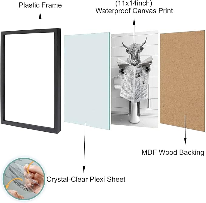 Ardakar Framed Bathroom Decor, Highland Cow Wall Art in Picture Frame, Funny Bathroom Wall Art Signs, Black and White Canvas Print Ready to Hang (Framed,11''x14'')