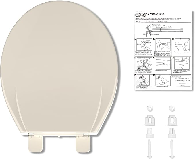 17" Round Almond Slow Close Toilet Seat, Polypropylene Toilet Seat Cover with Never Loosen Lid, Quiet and Easy to Install and Clean