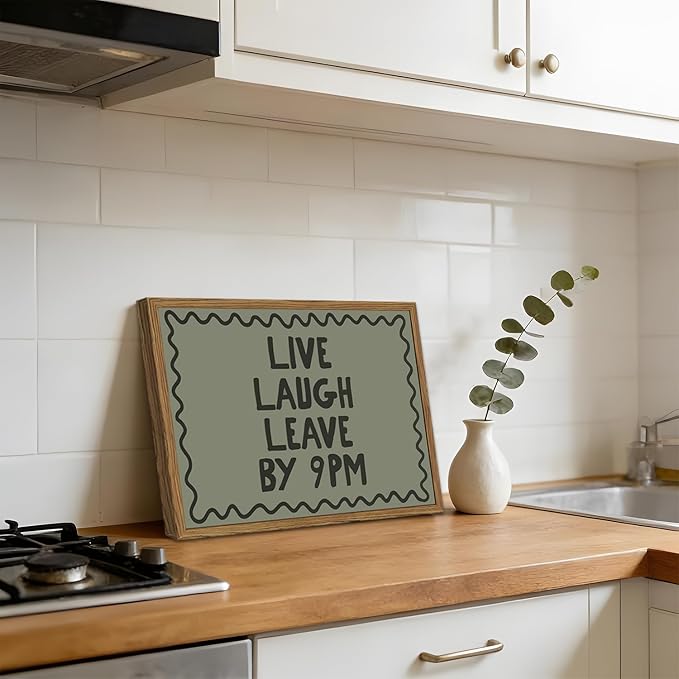 Live Laugh Leave By 9PM Wall Art Funny Quote Sign Wall Decor Picture Trendy Minimalist Dorm Poster Canvas Painting Prints for Bedroom Living Room 24x16 inch Wood Framed