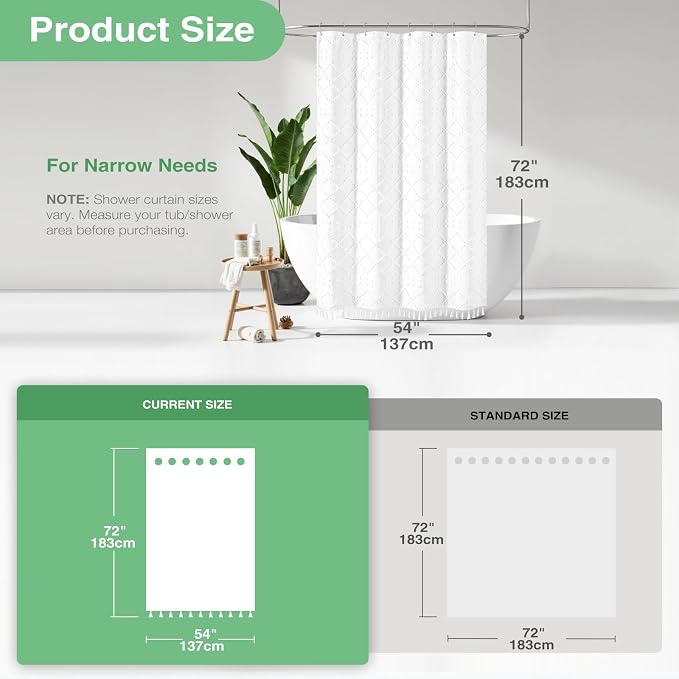 Stall Boho Farmhouse Shower Curtain Tufted Geometric 54"x72" White | 54 Inch Wide, Elegant Tassel, Lightweight Textured Fabric, Water Repellent, Washable, for Narrow Bathroom/Dorm 10 Hooks