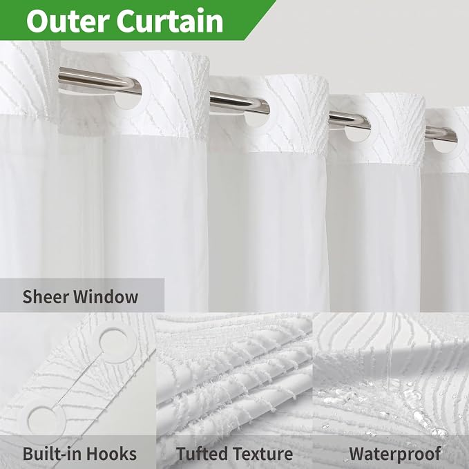eachope No Hook Shower Curtain and Liner Set,No Hook Tufted Striped Textured Shower Curtain with Snap in Liner Replacement and Waterproof Fabric,Boho Style with See Through Top Window,White,71Wx74H