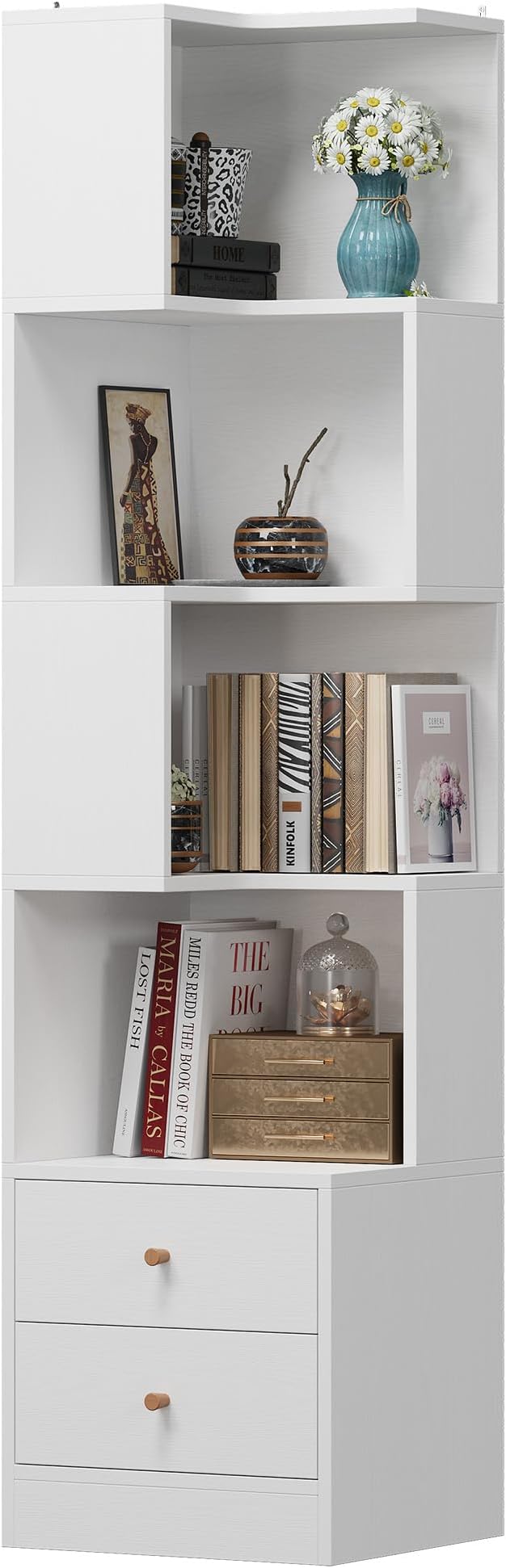 IRONCK Corner Bookshelf, 70.87" Tall Corner Bookcase with Drawers, White | 90° design saves space. 110 lb capacity. Corner Shelf Storage Display Rack for Living Room Home Office