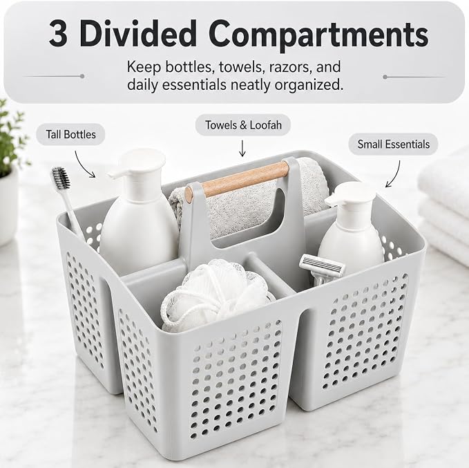Portable Shower Caddy Basket with 3 Compartments and Handle, Light Gray | Plastic Divided Storage Caddy for Bathrooms, Apartments, Guest Rooms, Offices, Crafts and Under-Sink Organization