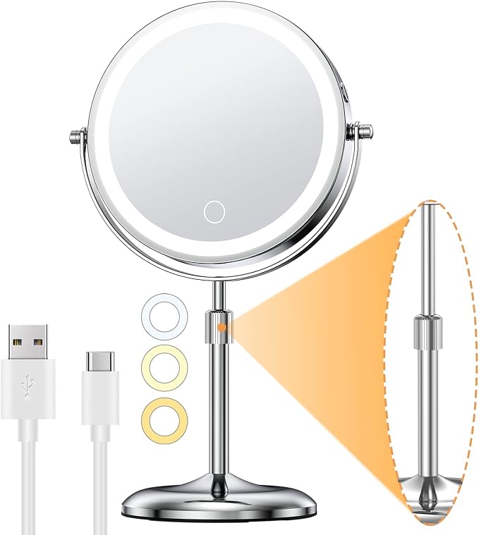 Gospire 7" Lighted Makeup Mirror, 1X/10X Magnification, Height Adjustable | 3 Color Dimmable Lights, 360° Swivel, Double Sided, Rechargeable LED Cosmetic Vanity Mirror, Cordless Standing Mirrors