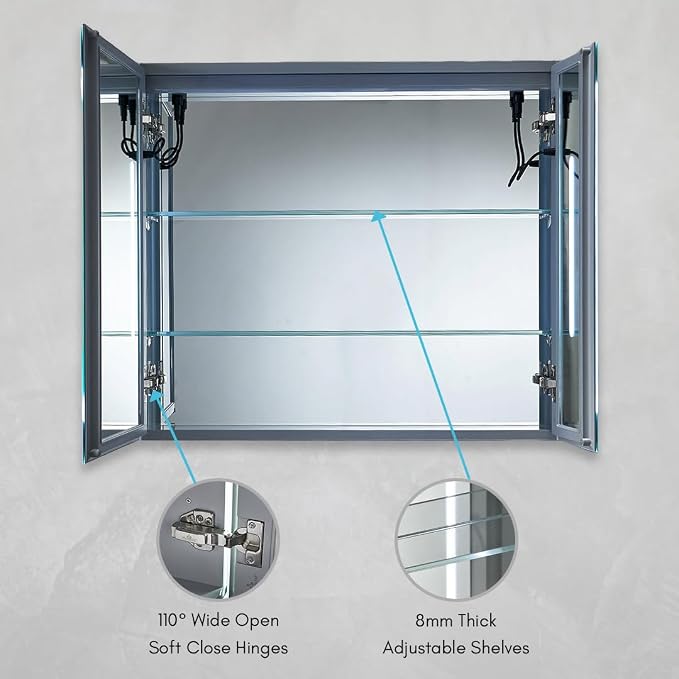 Blossom LED Medicine Cabinet Mirror for Bathroom 30x26, Lighted Medicine Cabinet with Mirror, Recessed/Surface Mount, Anti-Fog, Adjustable Brightness, Makeup, Wall Mounted Storage Cabinet
