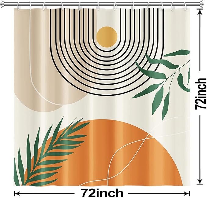 Mid Century Shower Curtain with Hook for Bathroom 72x72 Inch | Waterproof Abstract Orange and Beige Shower Curtain Set, Soft Bathroom Decor, Machine Washable