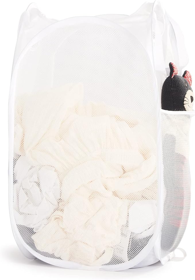 TECHMILLY Collapsible Mesh Pop Up Laundry Hamper with Sturdy Handles and Side Pocket - Portable Foldable Clothes Baskets for Dorm, Bathroom & Travel Storage (White)