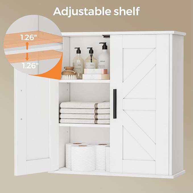 Homleke Bathroom Wall Cabinet, Medicine Cabinet with Adjustable Shelves | 3-Tier Wall Mounted Over Toilet Storage with Barn Doors, for Bathroom, Kitchen, Entryway, Laundry Room, White, (7.9" D)