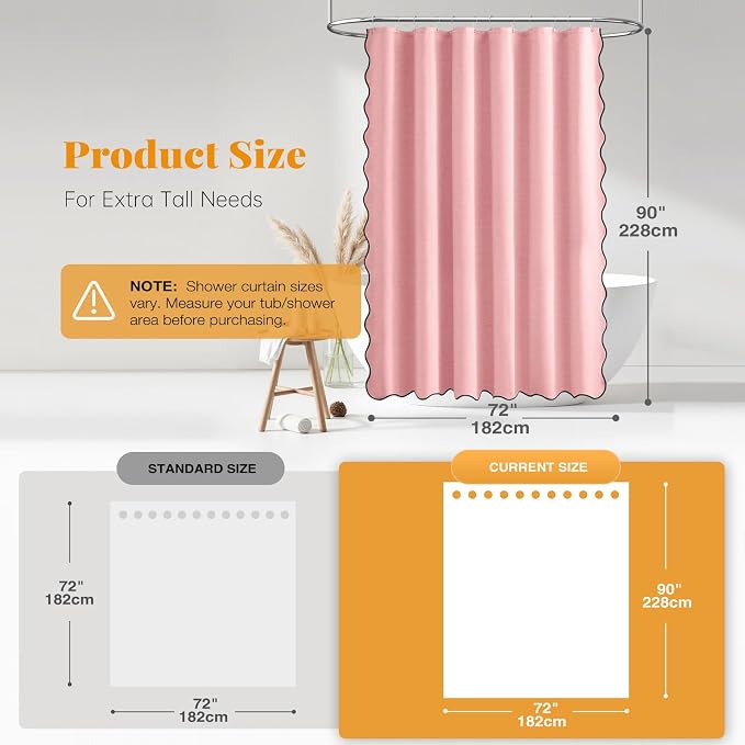 72x90 Boho Scalloped Linen Textured Cloth Shower Curtain Set, Pink | Long Size, 230GSM Waterproof Polyester, Heavy Duty Fabric, 12 Plastic Hooks, Elegant Modern Farmhouse Style, Machine Washable