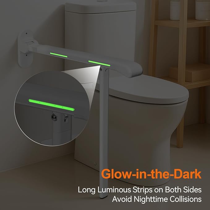 SPECILITE Toilet Grab Bar 440lb Support, Safety Rail for Elderly & Disabled | Heavy Duty Sturdy Support, Non-Slip Waterproof Handrail with Night Glow Strips, Space Saving Flip Bar for Injured & Pregnant