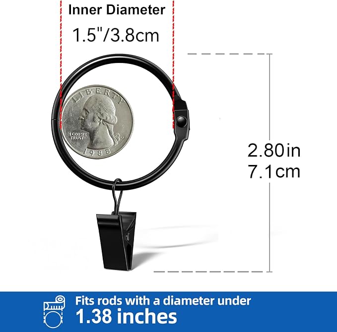 40 Pack 1.5 Inches Openable Curtain Rings with Clips | Drapery Metal Clip Iron Drapes Hangers Decorative for Windows Rods Rustproof, Black