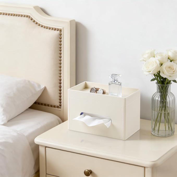 Plus Size Tissue Box Cover, Rectangle Tissue Box Organizer, Beige | Fit 180/230 Count Tissue Boxes, Storage Tray, PU Leather Large Tissue Box Cover, Rectangular Tissue Box Holder for Bathroom