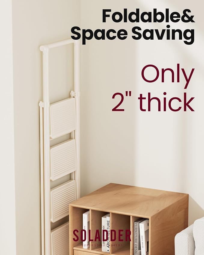 5 Step Ladder, Folding Step Stool, Lightweight Stepladder, White | Reach 10ft;Anti-Slip 7.9'' Wide Pedal;Portable Handrail;Space-Saving;For Kitchen, Home, Library, Office Use;300lbs Capacity
