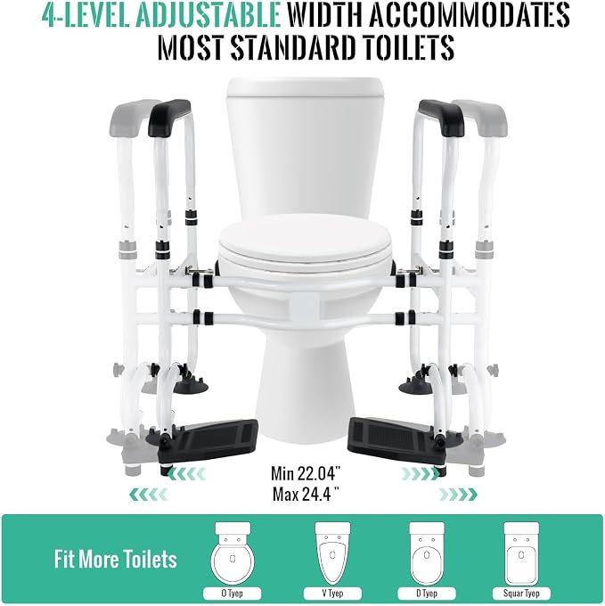 Toilet Safety Rails with Footrests, Adjustable Height & Width, Foldable Heavy Duty Toilet Safety Frame with Handles, Supports 500 lbs, Fits Most Standard Toilets-Suit for Elderly, Seniors & Disabled