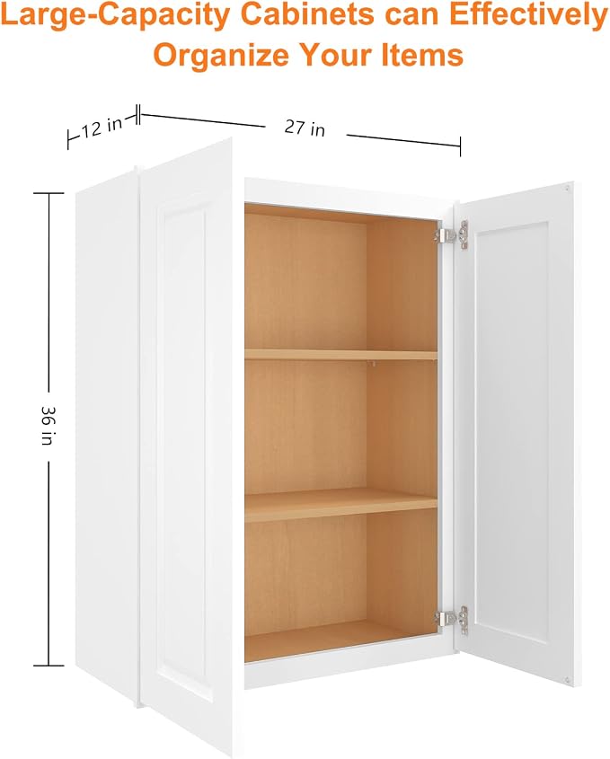ROOMTEC Wood Wall-Mounted Cabinet,Bathroom Medicine Cabinet with Adjustable Shelves and 2 Soft-Close Doors,Laundry Storage Cabinet for Bathroom,Kitchen,Living Room 12" D*27" W*36" H,Traditional White