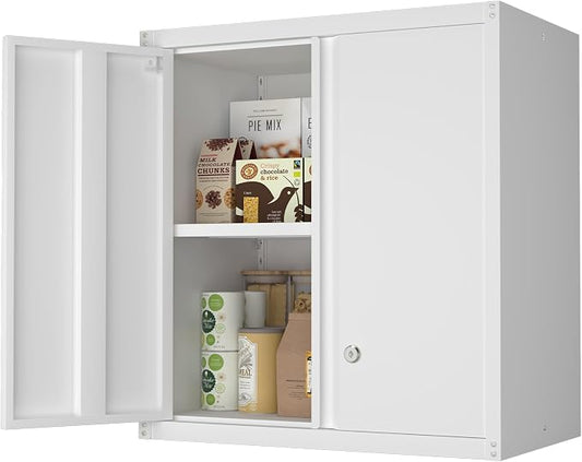 Wall Cabinet,Metal Wall Cabinet for Garage with Lock,Metal Locking Storage Cabinet with Adjustable Shelf for Kitchen,Home Office,White