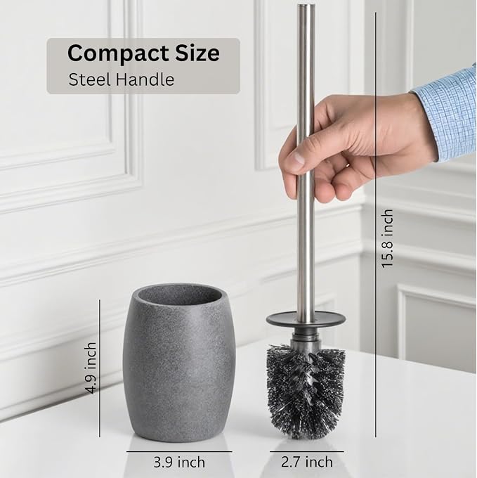 Clasin Home Toilet Bowl Brush and Holder with Stainless Steel Long Handle, Toilet Scrubber Brush with Durable Base, 360° Deep Cleaning Bristles for Bathroom, Compact Set for Small Space (Gray)