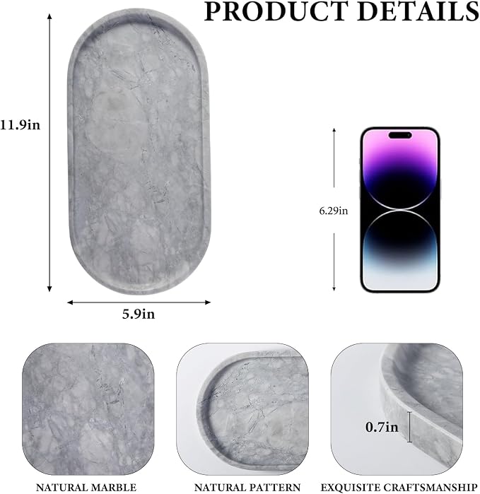 Grey Marble Tray for Bathroom Countertop, 12"x6" Vanity Decorative Marble Tray for Dresser, Stone Catchall Trays for Perfume, Candles, Jewelry, Stone Gray Storage Trays for Home Decor