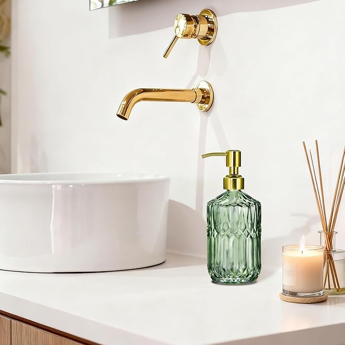 COHOSEGE 17 Oz Green Glass Kitchen Soap Dispenser for Dish Soap, 2 Pack Bathroom Soap Dispenser Set with Gold Rust Proof Pump for Lotion, Hand soap or Body Wash