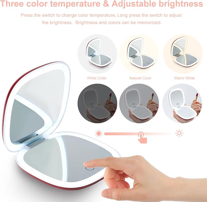 Mocado Compact Mirror with Light-4 Inches Compact 1x/10x Magnifying Mirror | Double Sides Lighted, 3 Colors Lighting, 0-100% Brightness, Diammable Touch, 1200mAh Rechargeable, For Pocket, Purse