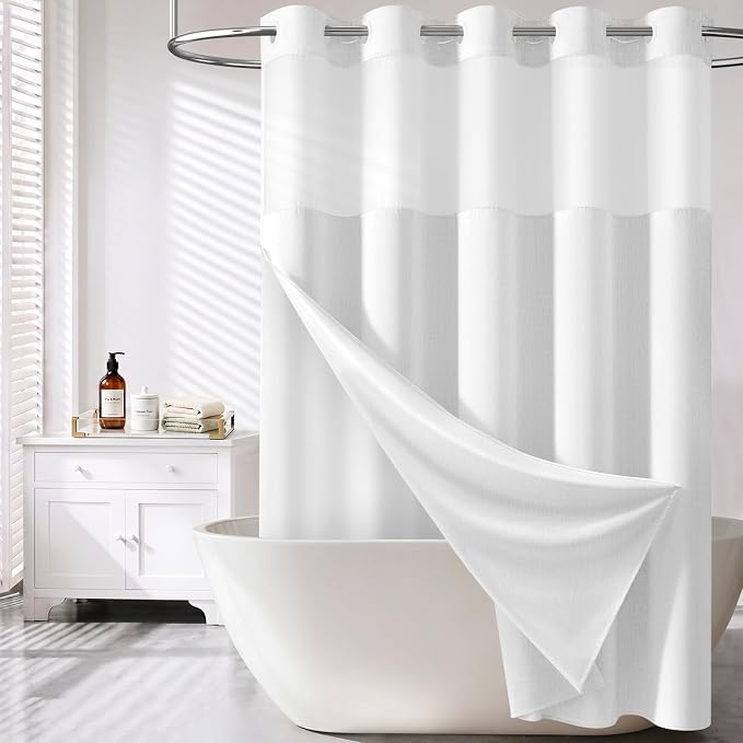 72x87 Ringless Linen Textured Shower Curtain with Snap in Liner, White | Extra Long Size, 3 in 1 Durable Fabric Shower Curtain, Removable Liner, Waterproof & Washable, Mesh Top Window, Easy Setup