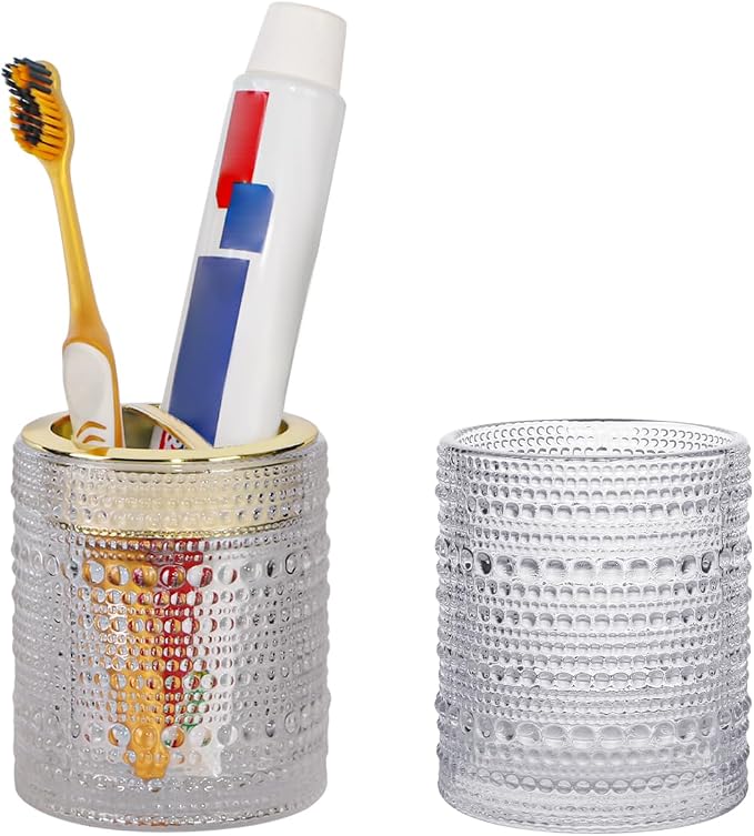 Clear Toothbrush Holders, 2pcs Glass Toothbrush Holder Set, 10oz Bathroom Tumbler Cup, Gold Tooth Brush Holder Storage Cup Organizer for Bathroom Accessories, Brushes,Toothpaste,Razor