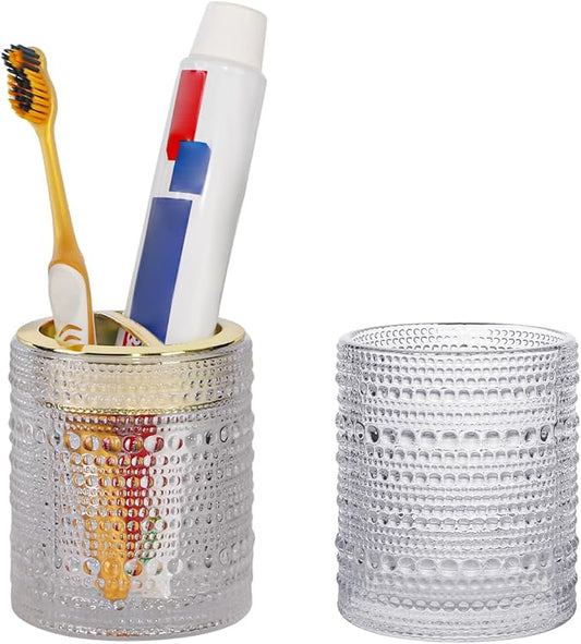 Clear Toothbrush Holders, 2pcs Glass Toothbrush Holder Set, 10oz Bathroom Tumbler Cup, Gold Tooth Brush Holder Storage Cup Organizer for Bathroom Accessories, Brushes,Toothpaste,Razor